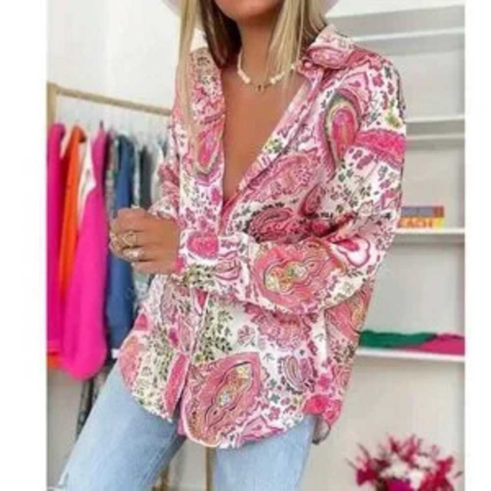 Boho Paisley Print Button Down loose Fit Boyfriend shirt - Picture 3 of 4